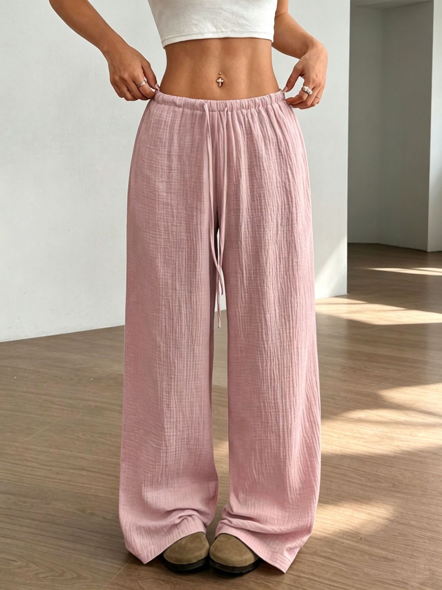 Women's High-Waist Wide-Leg Pants with Drawstring, Solid Color, Polyester Blend