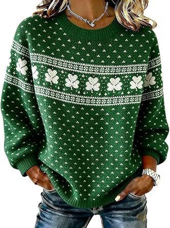 Women's Clover Print Crewneck Sweatshirt Casual Pullover