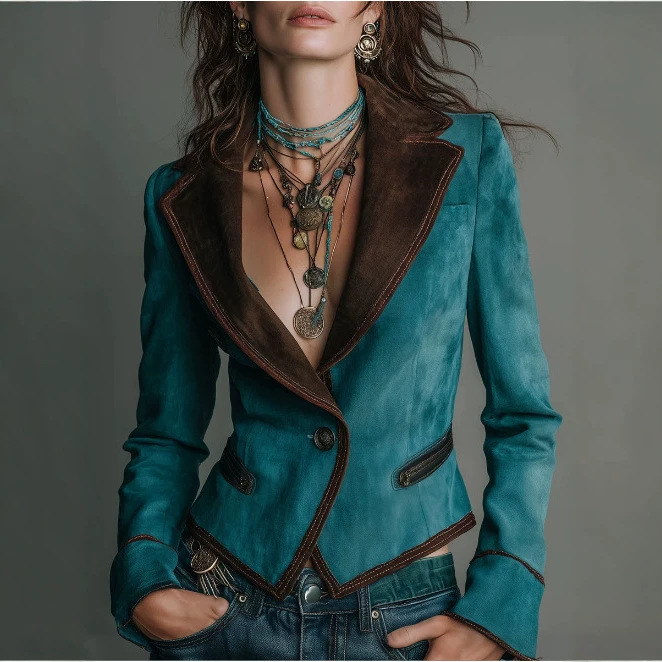 Retro Lapel Zip-Trim Slim Blazer