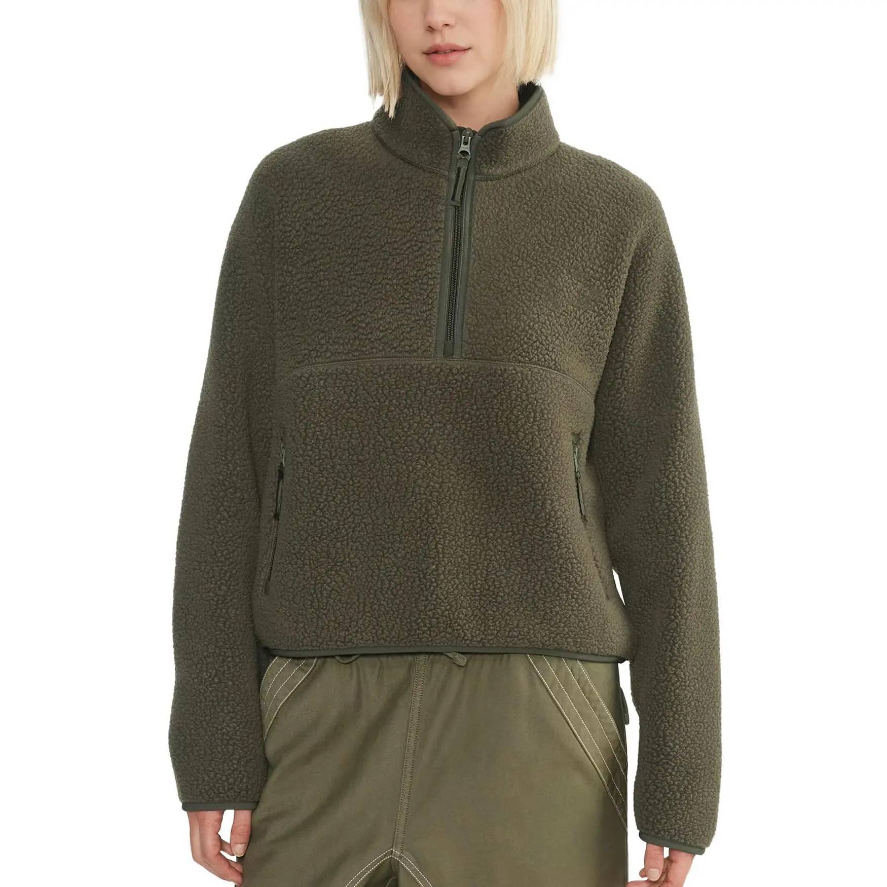 Women's Retro Fleece Half-Zip Pullover Sweatshirt Solid Stand Collar