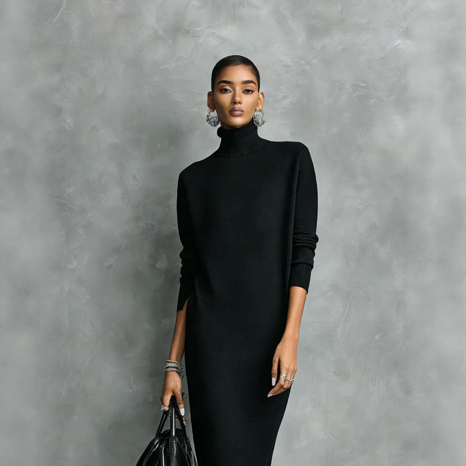 Women's High Neck Long Sleeve Loose Midi Dress