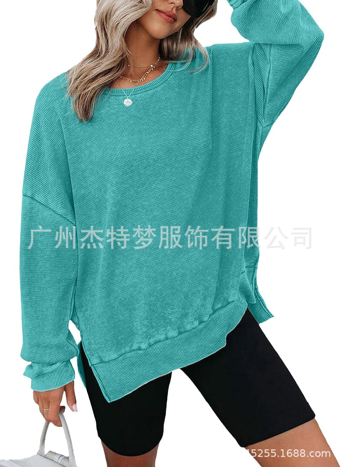 Women's Waffle Knit Crewneck Long Sleeve Side Slit Pullover Top