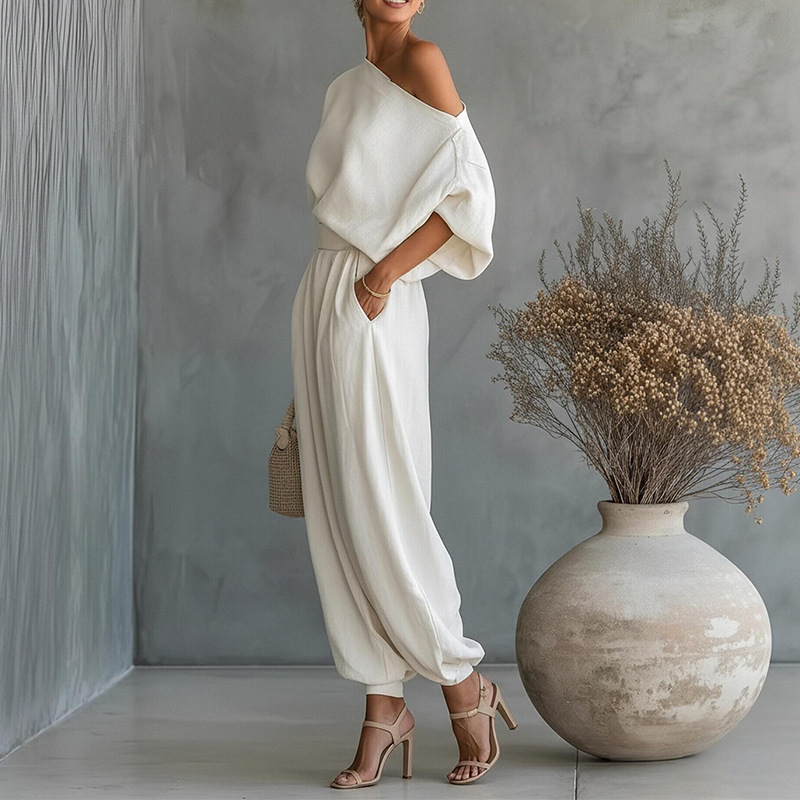 Women's One-Shoulder Loose Top and Lantern Pants Two-Piece Set