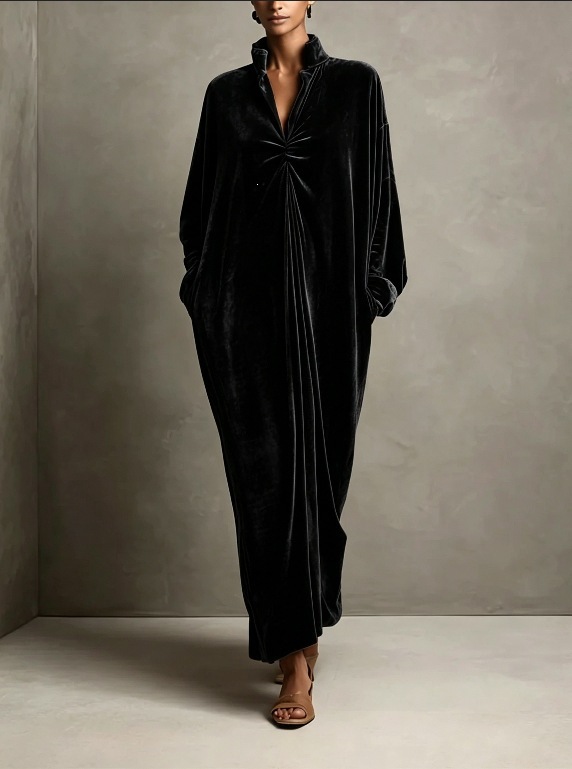 Stand Collar Velvet Long Dress with Twist Knot Detail