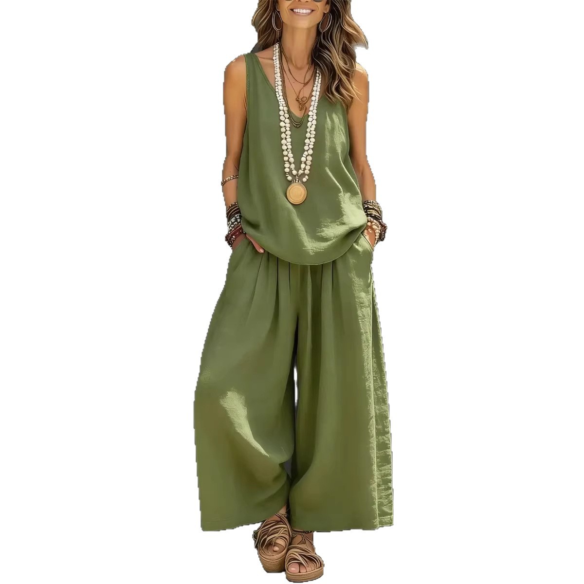 Women's Cotton-Linen V-Neck Tank Top and Pants Two-Piece Set