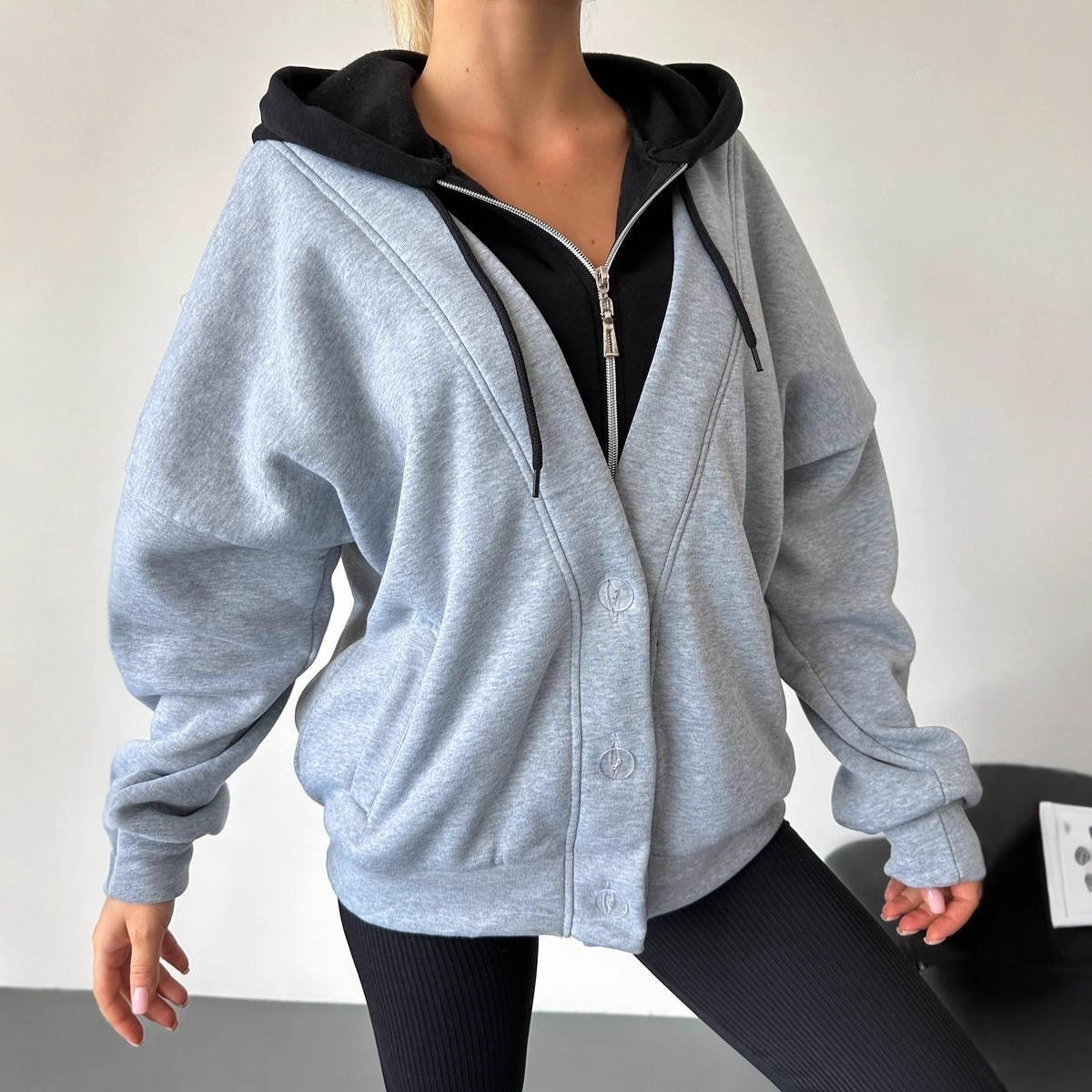 Women's Faux Two-Piece Hooded Zip-Up Sweatshirt Jacket