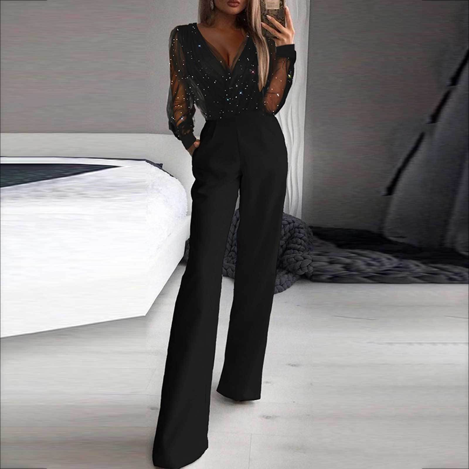 Elegant Sheer Mesh Splice High-Waist Jumpsuit