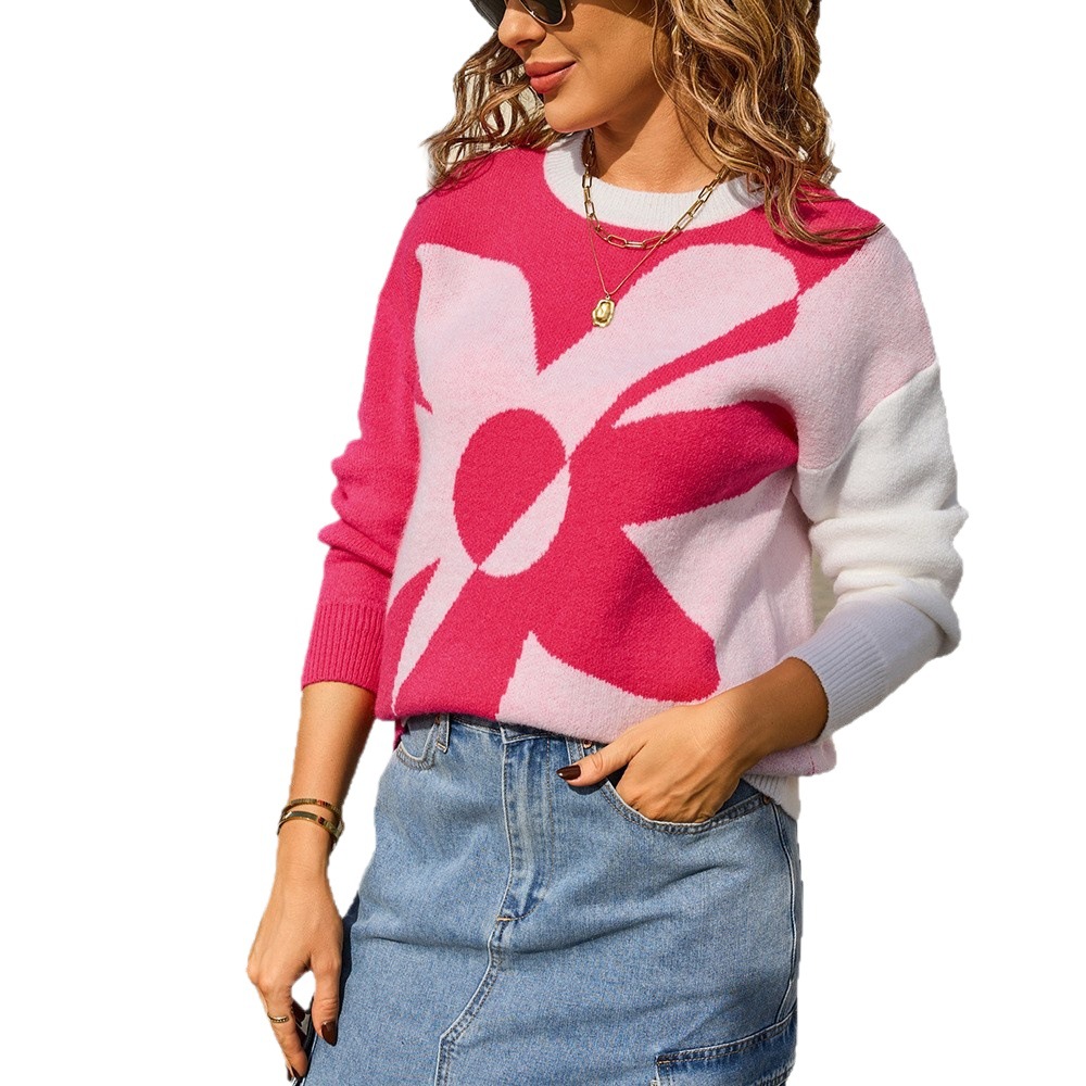 Plus Size Floral Colorblock Knit Pullover Sweater Long Sleeve Crew Neck