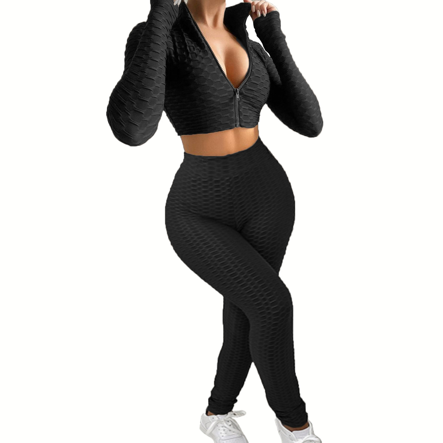 Women's Casual Solid Two-Piece Waffle Knit Tracksuit Set