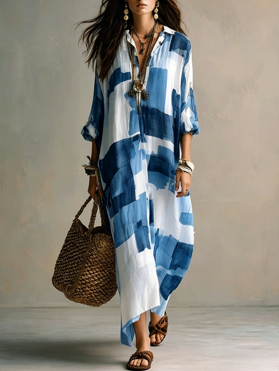 Women's Geometric Print Button-Front Collared Long Sleeve Maxi Dress
