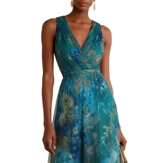 V-Neck Mesh Print Cinched Waist Sleeveless Long Dress