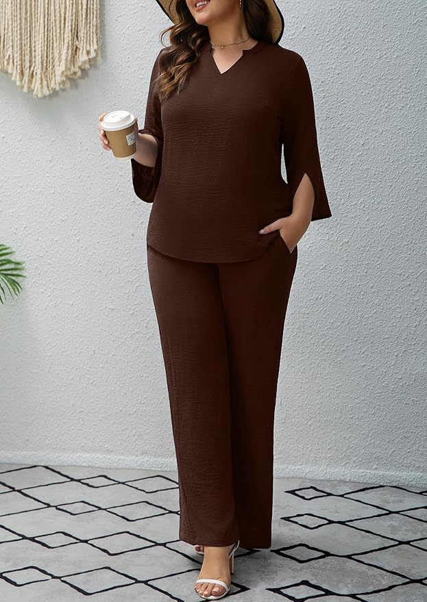 Women's Solid Color Two-Piece Set with Three-Quarter Sleeve Top and Wide-Leg Pants