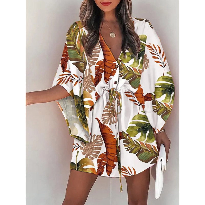 Women's Summer V-Neck Tie-Front Floral Print Patchwork Beach Dress