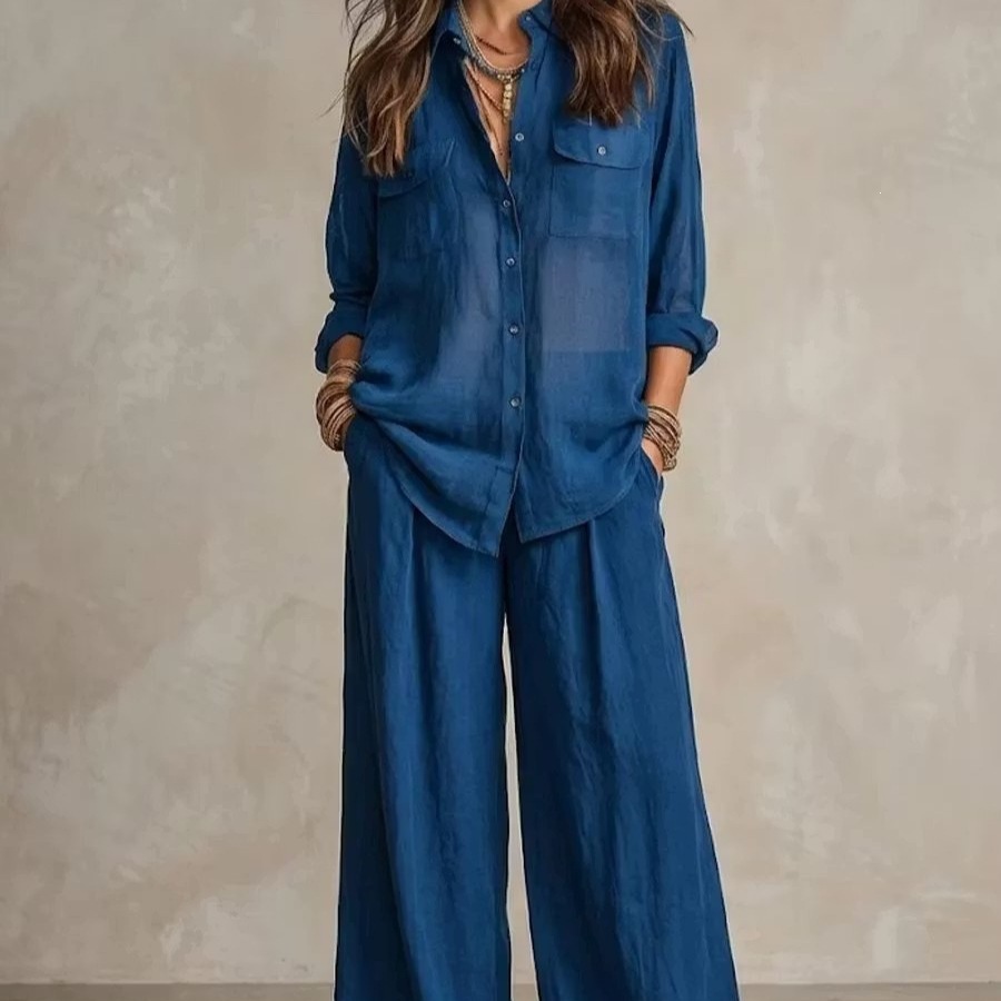 Linen Blend Long Sleeve Shirt and Wide Leg Pants Set