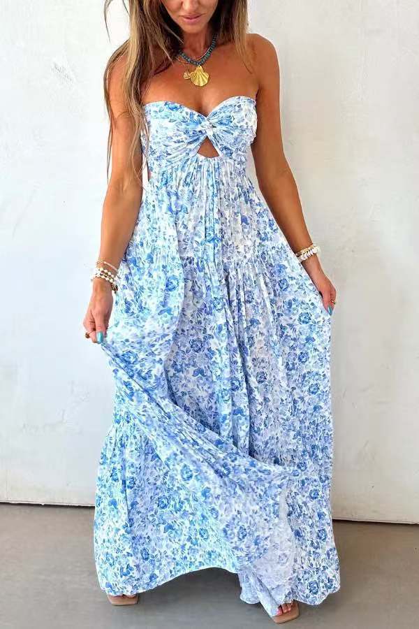 Women's Strapless Sleeveless Open Back Floral Dress