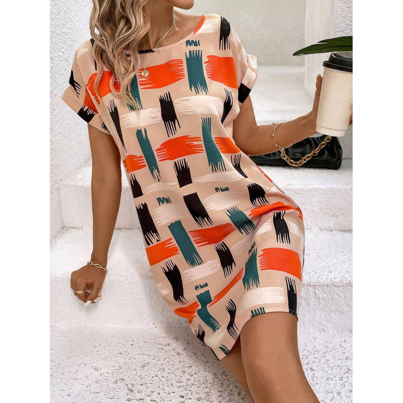 Women's Summer Printed Batwing Sleeve Round Neck Dress