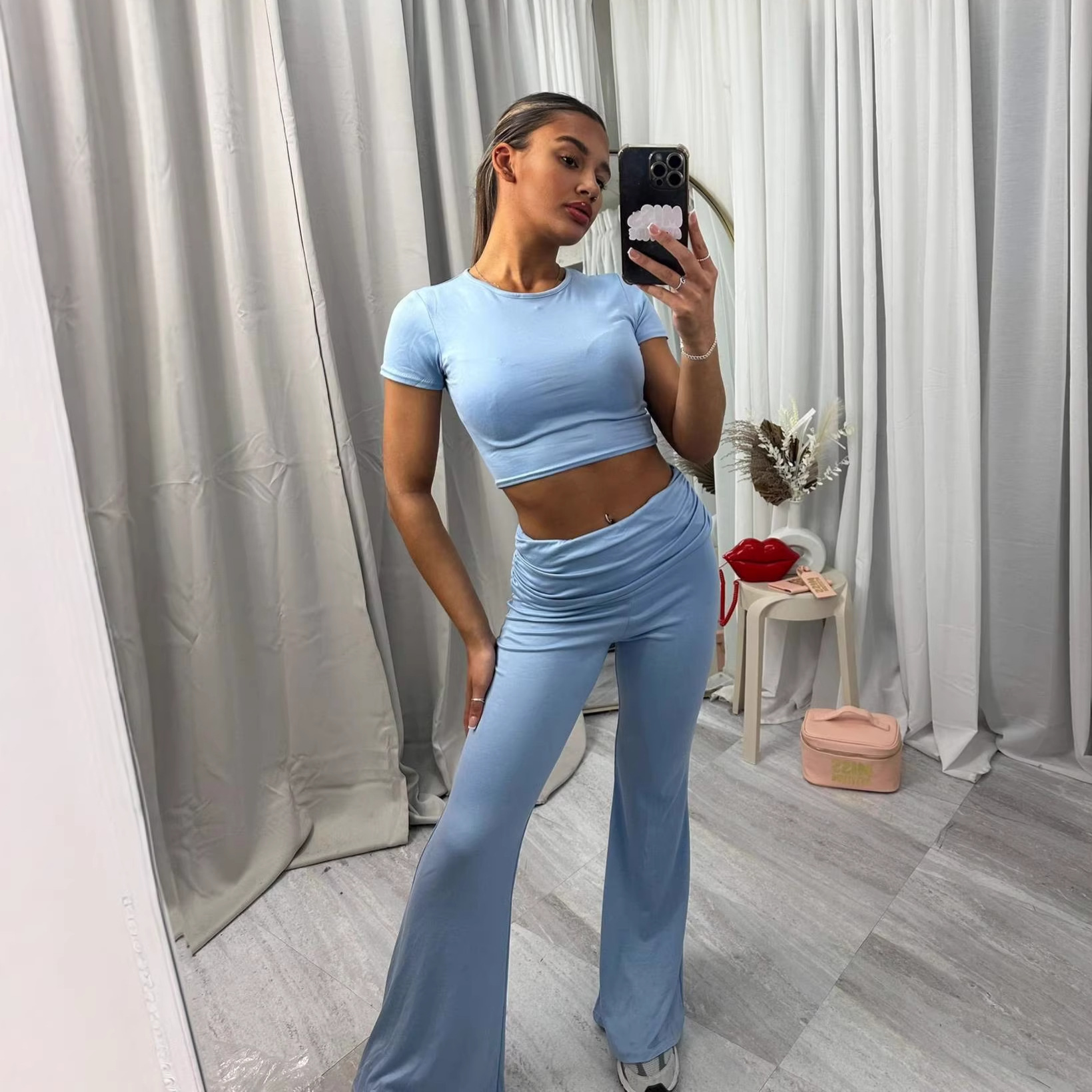 Women's Solid Color Short Sleeve Fitted Top and Long Pants Two-Piece Set