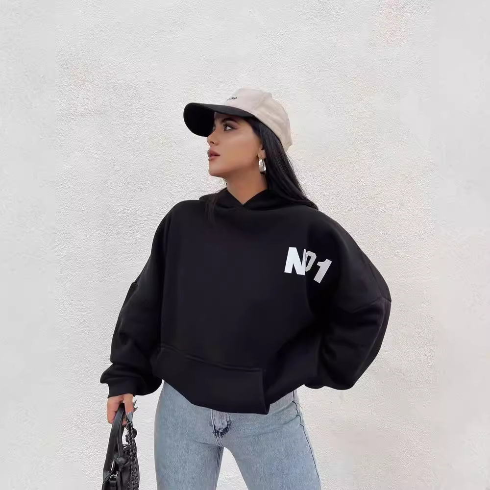 Fleece-Lined Hooded Graphic Cropped Sweatshirt for Women