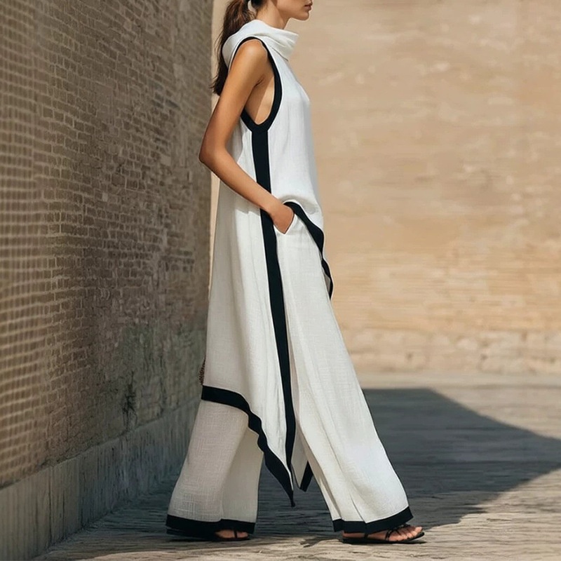 Asymmetric Colorblock Hooded Vest & Pants Two-Piece Set