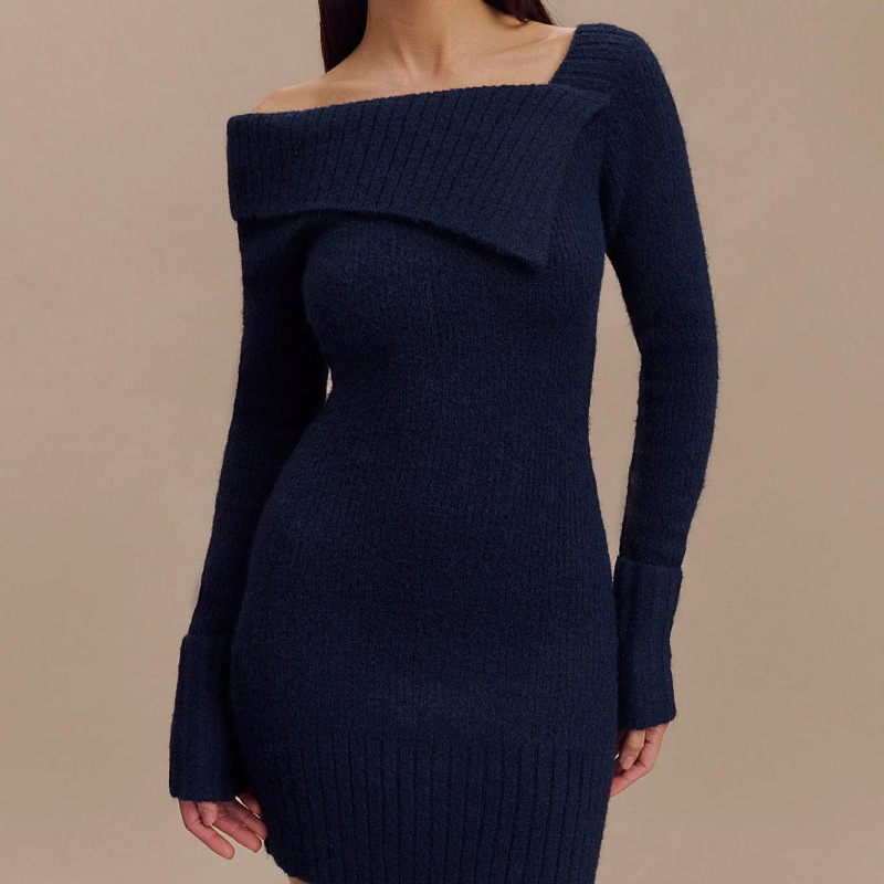Solid Off-Shoulder Knit Bodycon Long-Sleeve Mini Dress