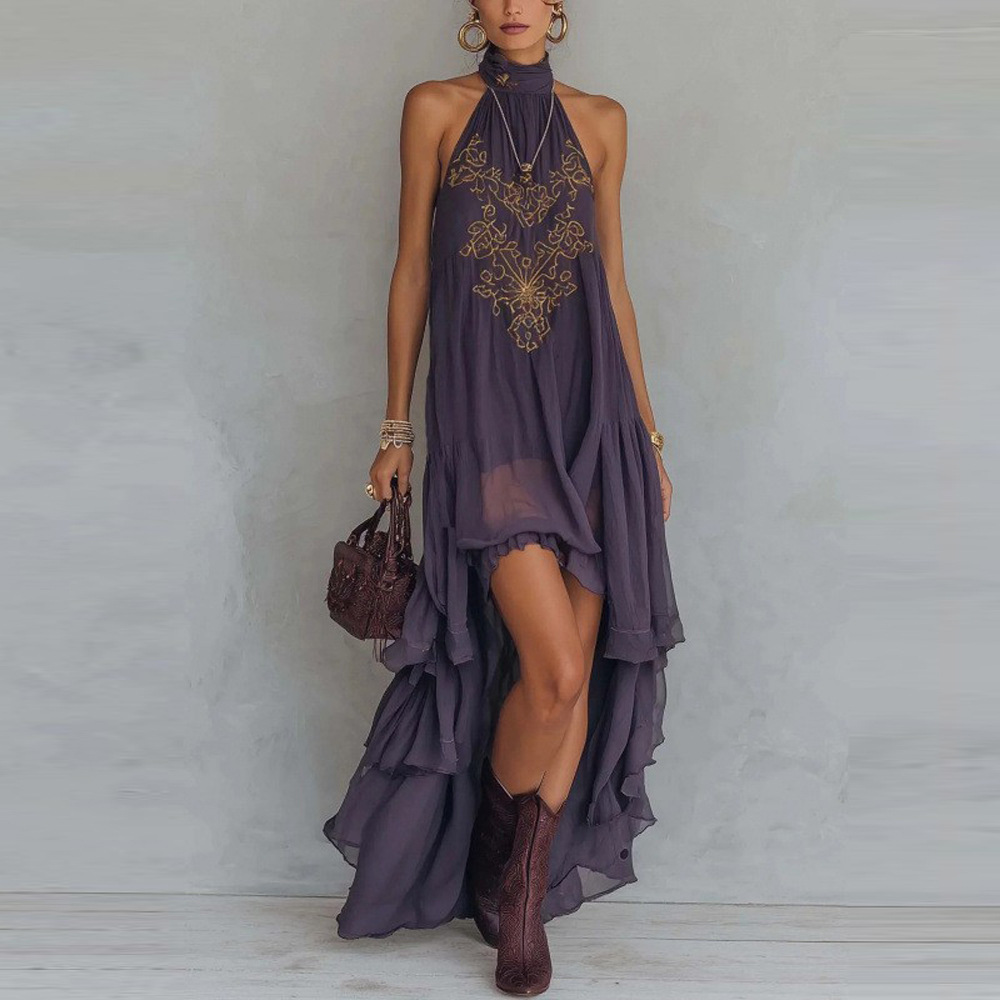 Purple High Neck Sleeveless Ruffle Maxi Dress