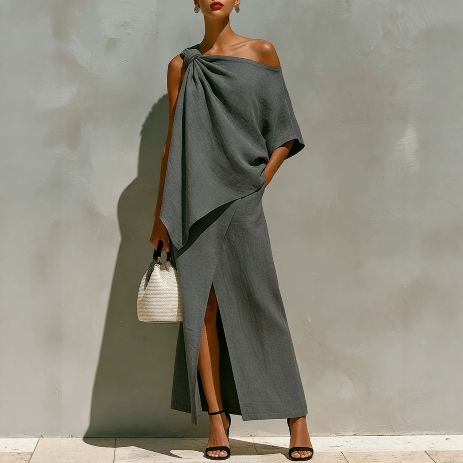 Women's Solid Color One-Shoulder Knot Front Slit Irregular Two-Piece Set