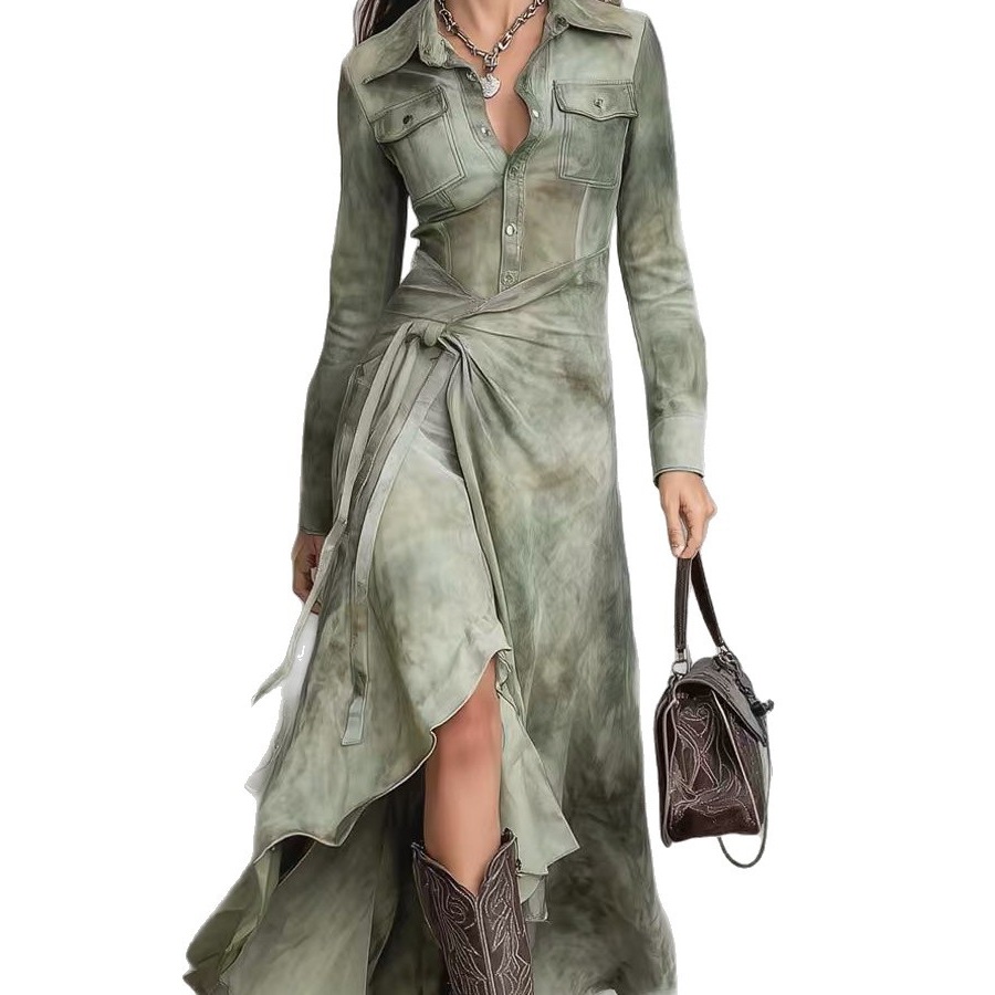 Printed Long-Sleeve Vintage-Style A-Line Maxi Dress with Tie Detail