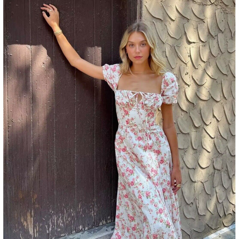Floral Print High-Waist Slit Midi Dress with Puff Sleeves