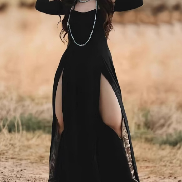 Women's Vintage Sleeveless Halter Long Sleeve Dress Solid Color Backless Slit Long Gown