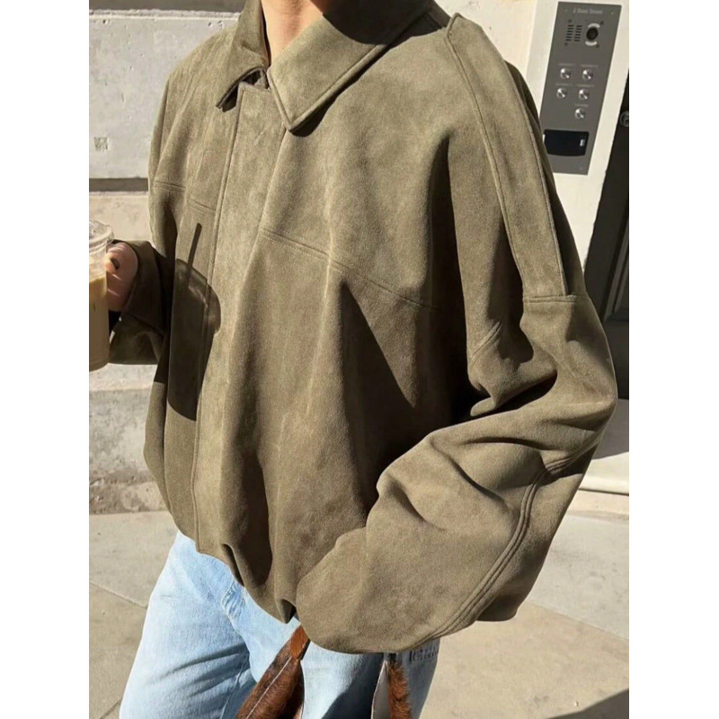 Sueded Faux Leather Bomber Jacket with Collar