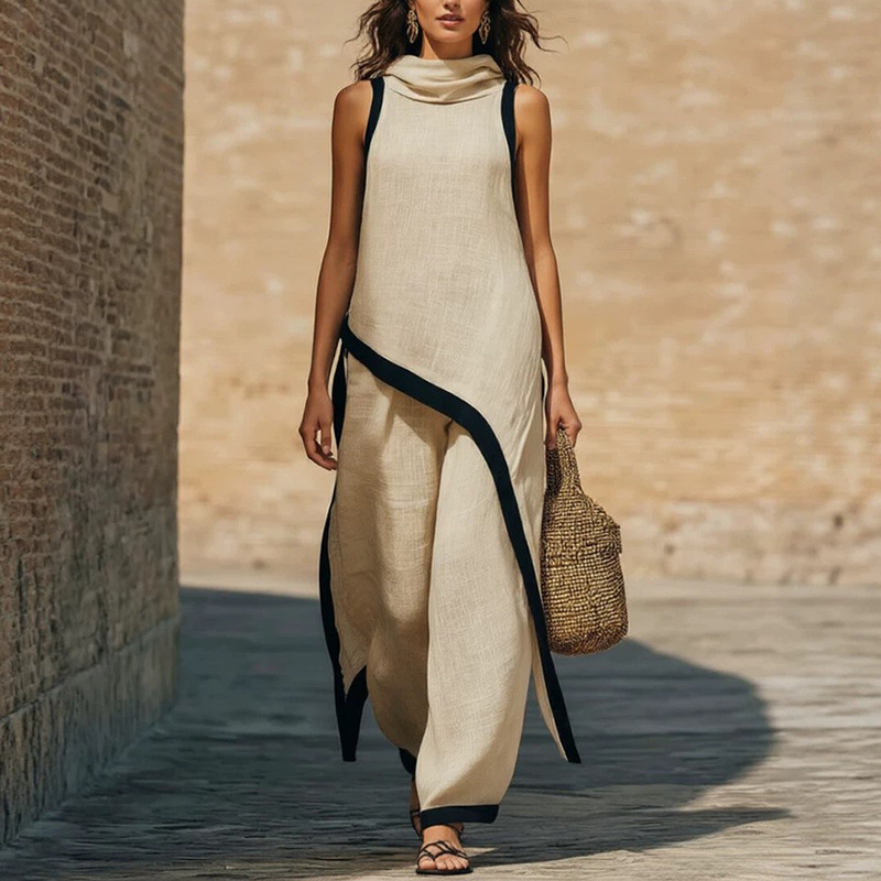 Asymmetric Colorblock Hooded Vest & Pants Two-Piece Set
