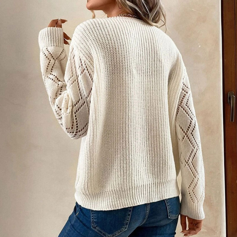Women's Lace Trim V-Neck Long Sleeve Pullover Knit Sweater