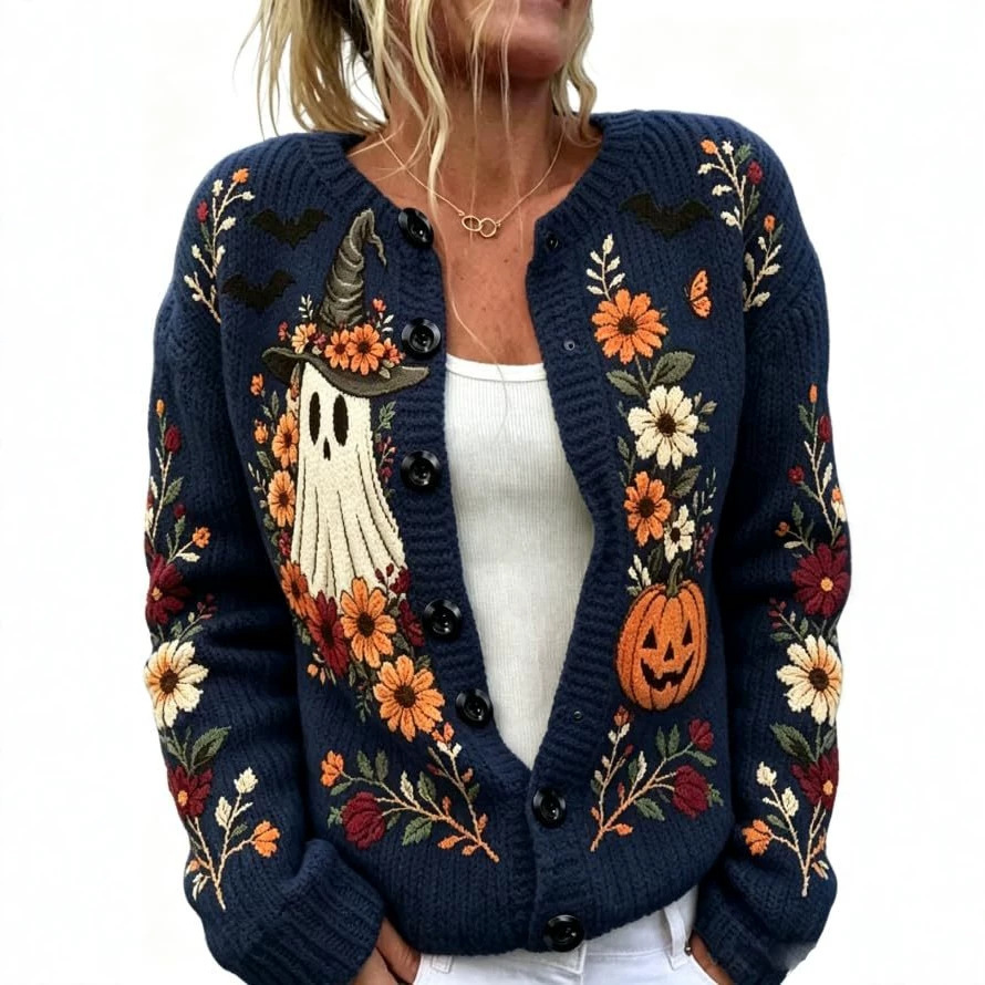 Women's Halloween Ghost Pumpkin Castle Floral Print Cardigan