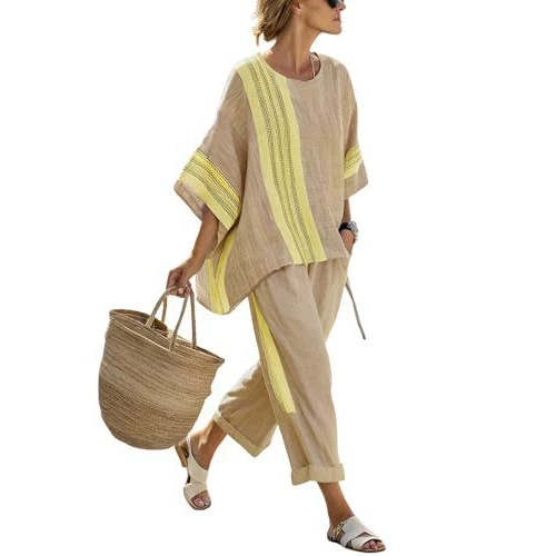 Bohemian Print Women's Two-Piece Set with Crew Neck, Three-Quarter Sleeves, and Cropped Pants