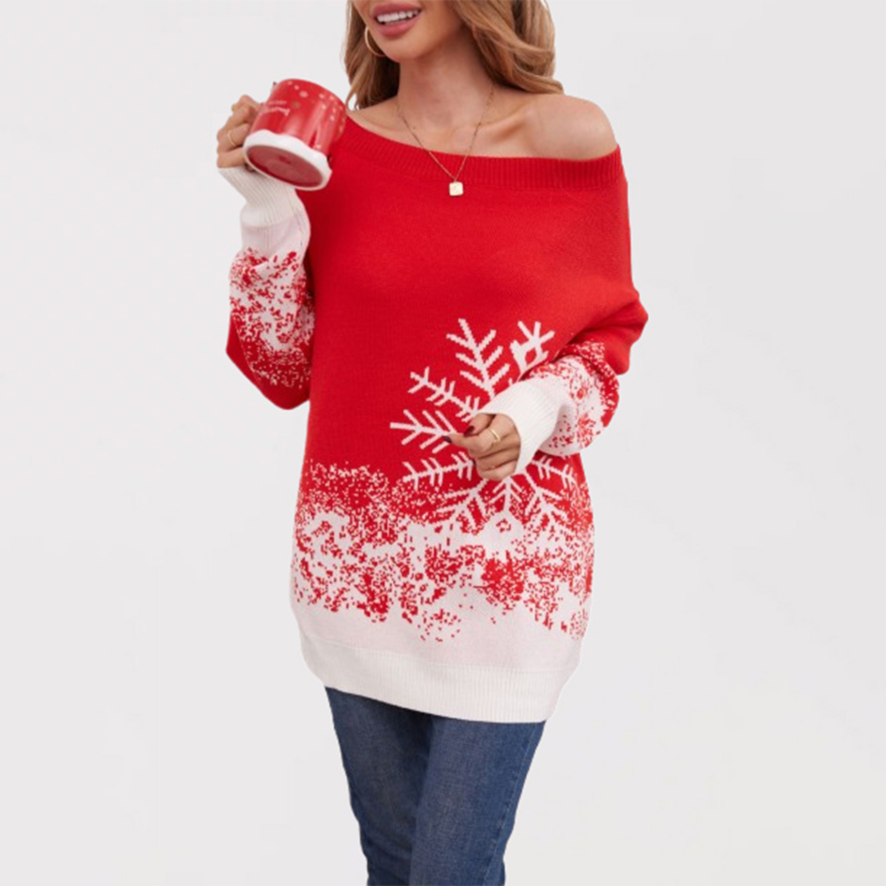Snowflake Colorblock Off-Shoulder Christmas Sweater Plus Size