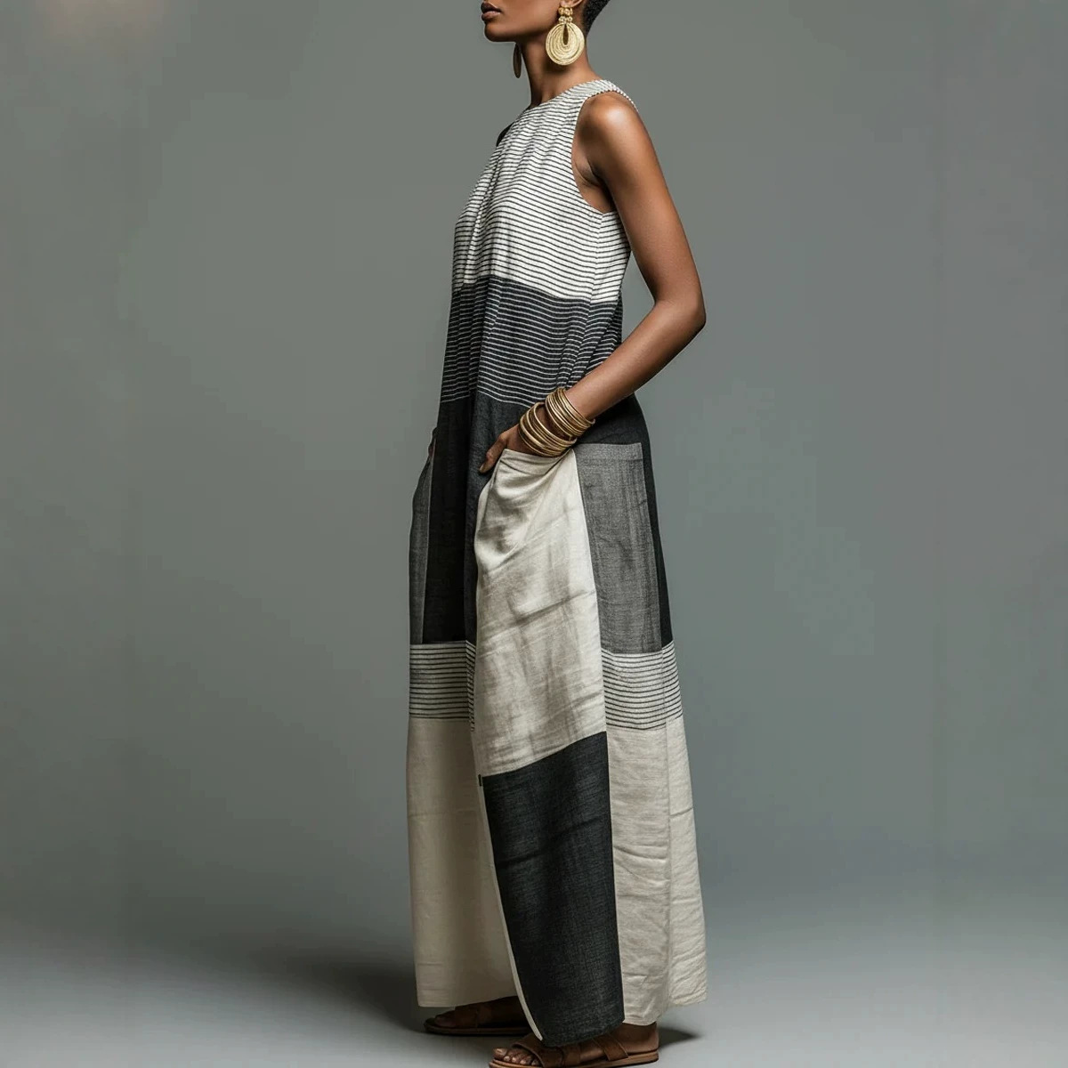 Women's Sleeveless Color-Block Long Dress Casual Loose Fit