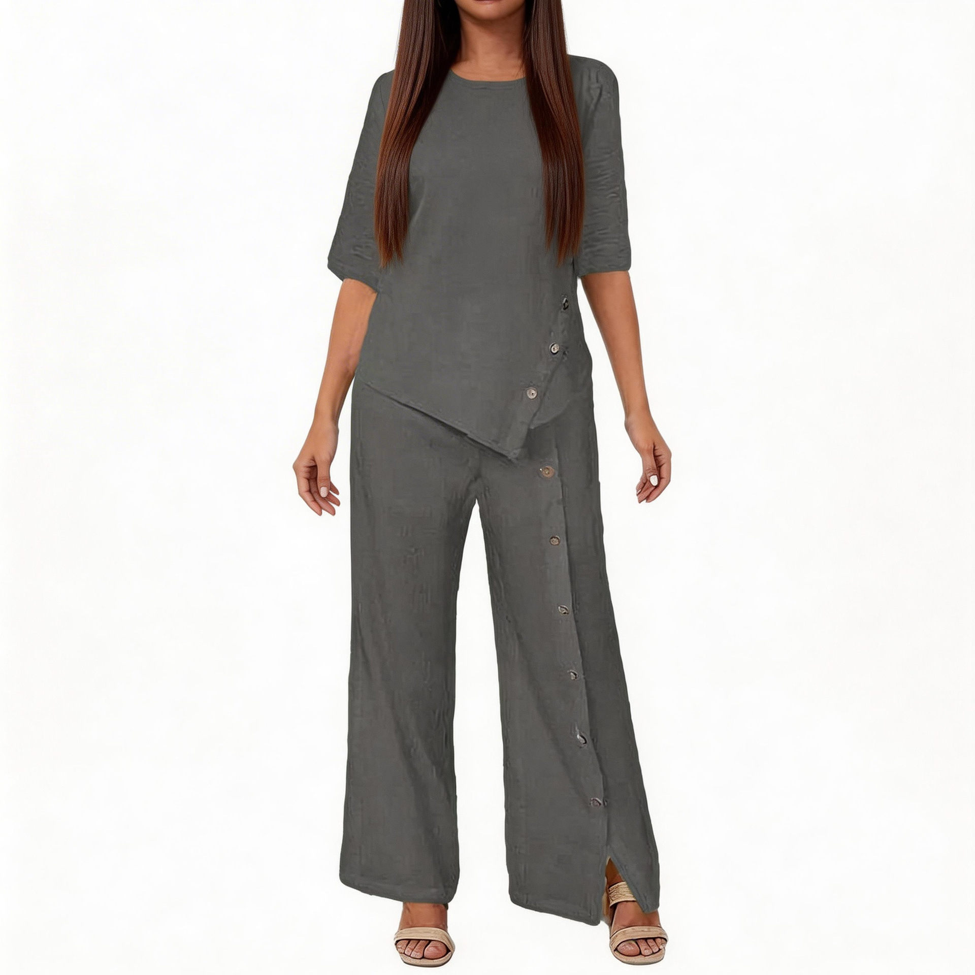 Women's Asymmetrical Hem Pant Set with Button Short-Sleeve Shirt
