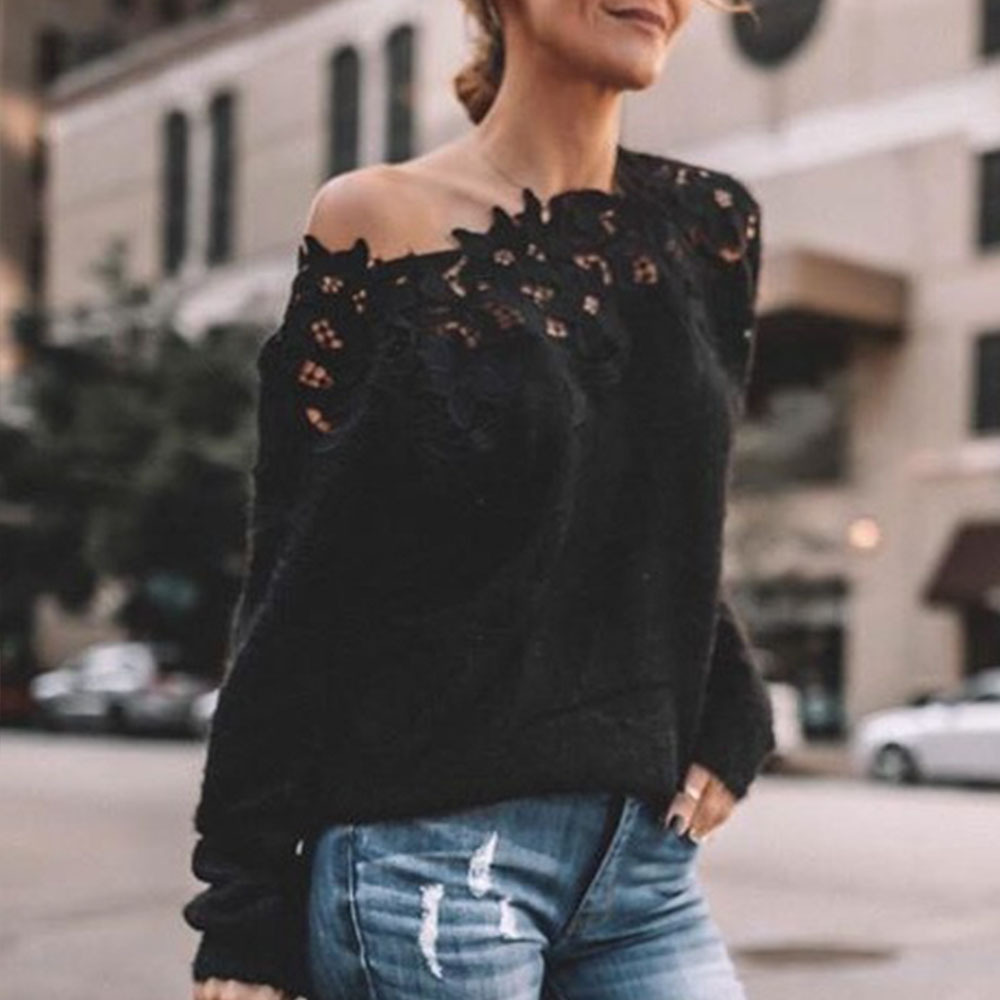 Lace-Trim Off-Shoulder Long-Sleeve Knit Top