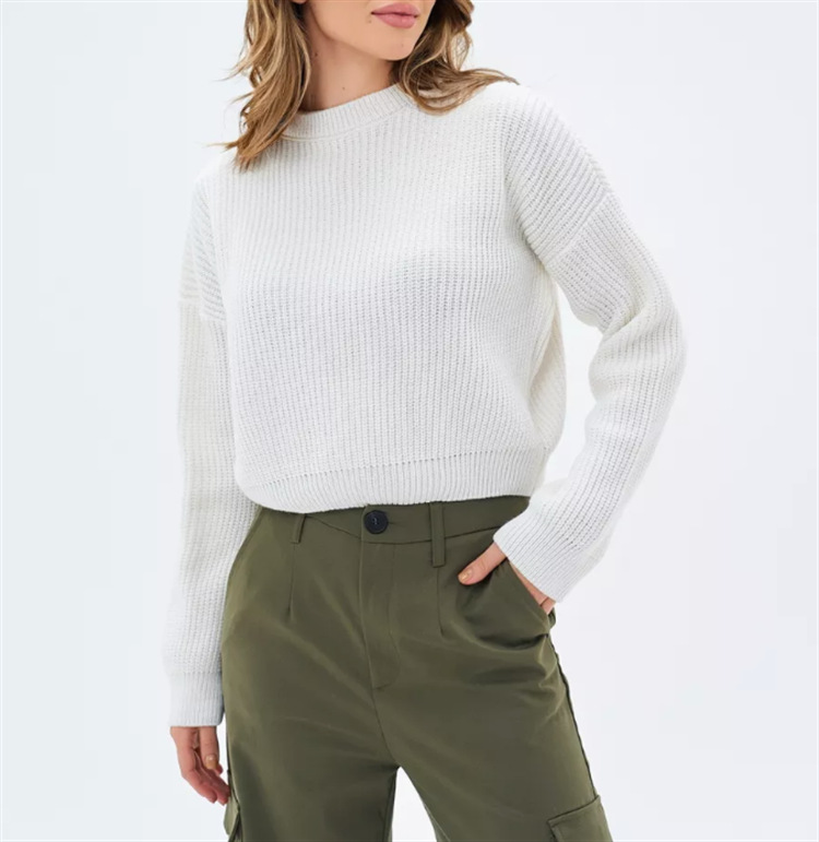 Loose Solid Color Distressed Crewneck Pullover Sweater Long Sleeve Mid-Length