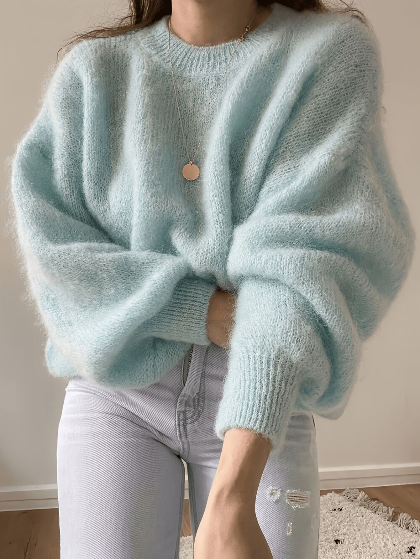 Women's Solid Color Lantern Sleeve Knit Pullover Sweater Loose Fit