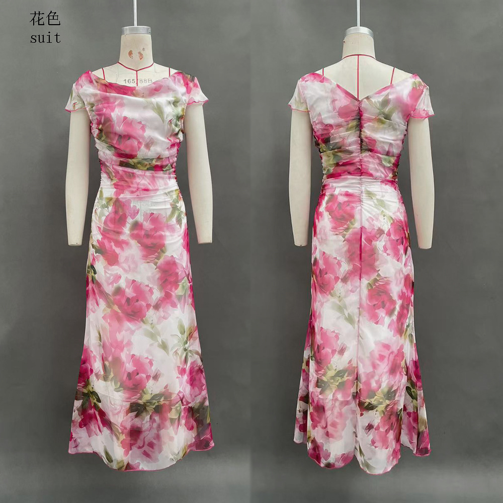 Women's Draped Neck Mermaid Maxi Dress Slim Fit Floral Print