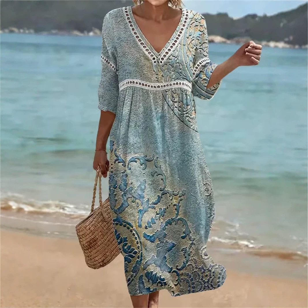 Women's Floral Print Pleated Midi Dress with Deep V-Neck and Five-Quarter Sleeves