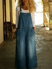 Faux Denim Print Sleeveless Wide-Leg Jumpsuit with Pockets