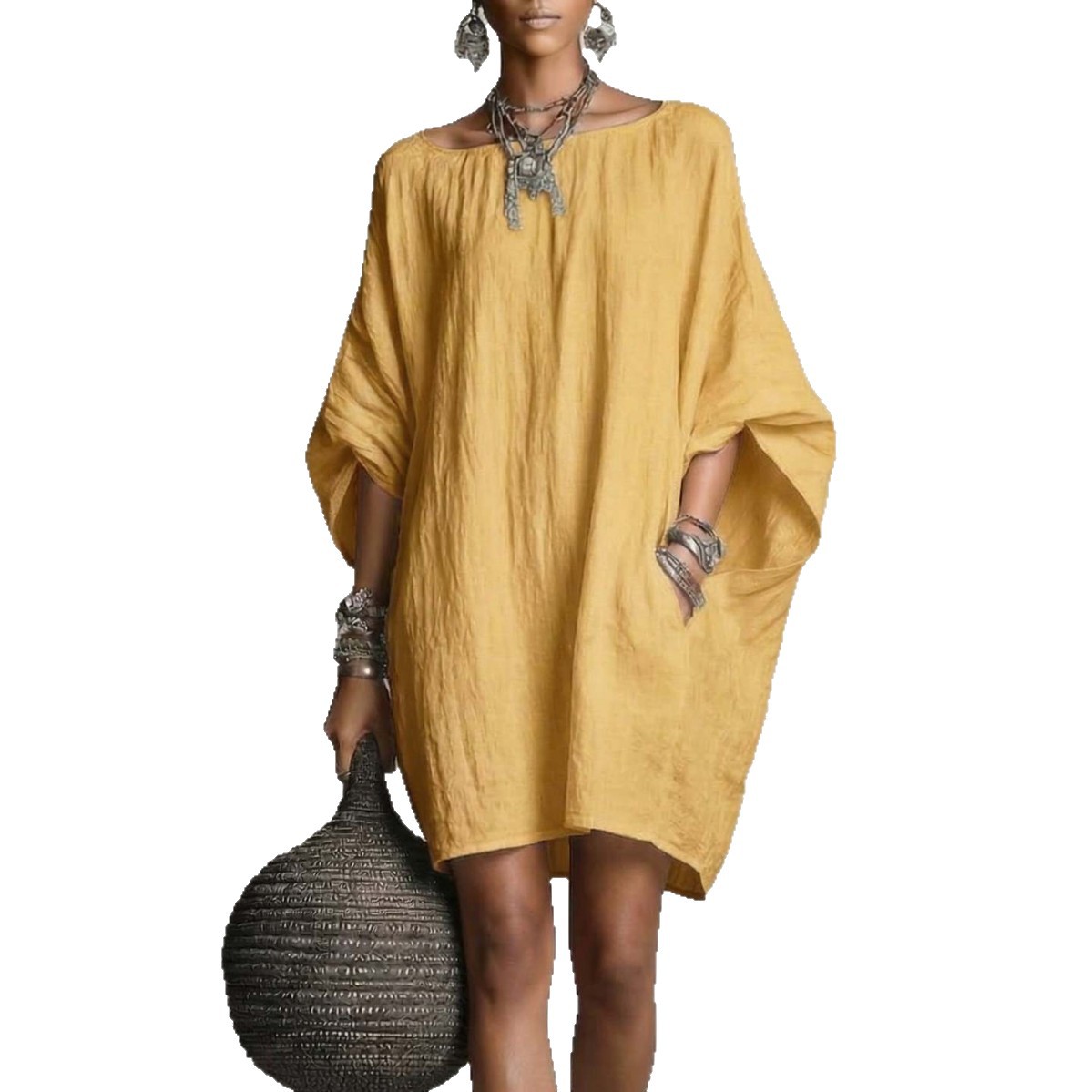Women's Vintage Off-Shoulder Long Sleeve Midi Dress Solid Color Cotton-Linen Casual