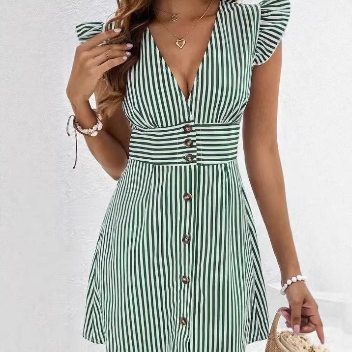 Striped Print V-Neck Flutter Sleeve A-Line Dress