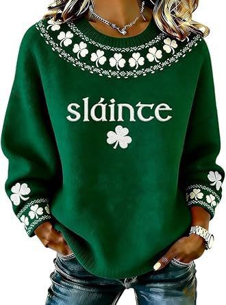 Women's Clover Print Crewneck Sweatshirt Casual Pullover