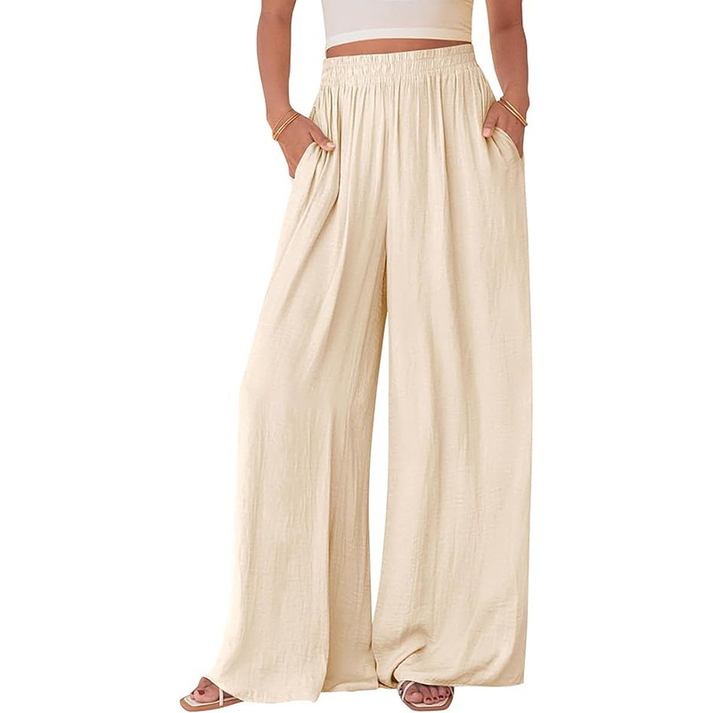 Women's Wide-Leg Casual Pants Solid Color Loose High-Waist Straight with Pockets