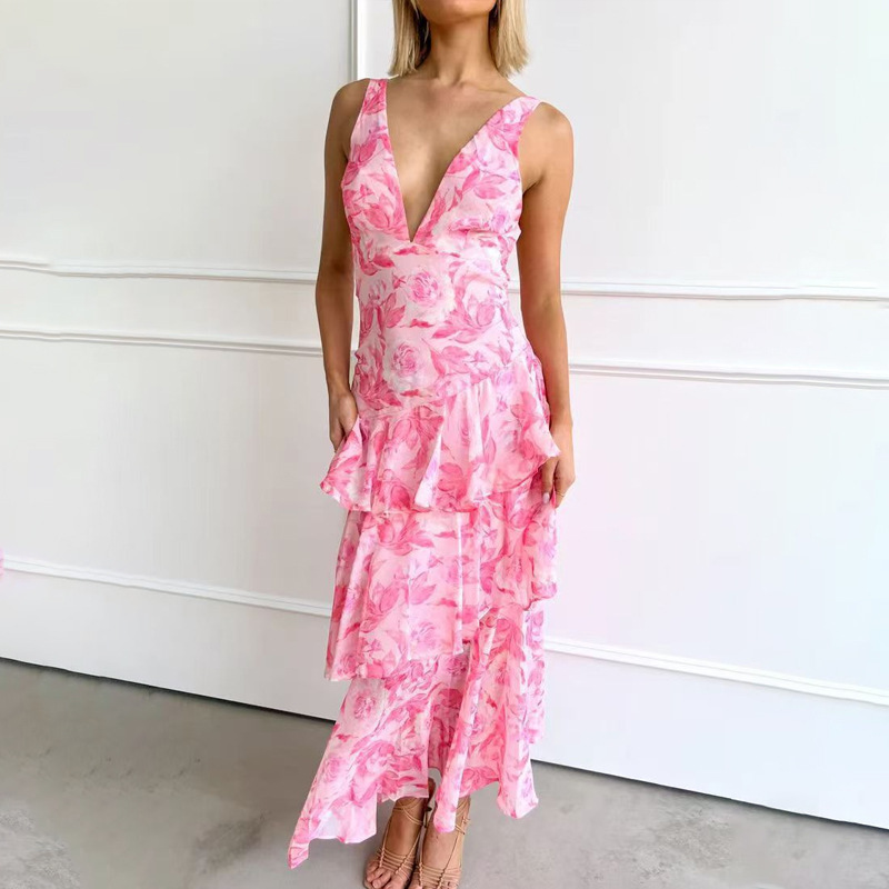 Elegant Floral Print V-Neck Sleeveless Open-Back Midi Dress