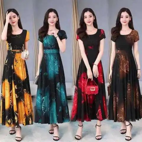 Women's Short Sleeve Round Neck Floral Print A-Line Midi Dress with Waist