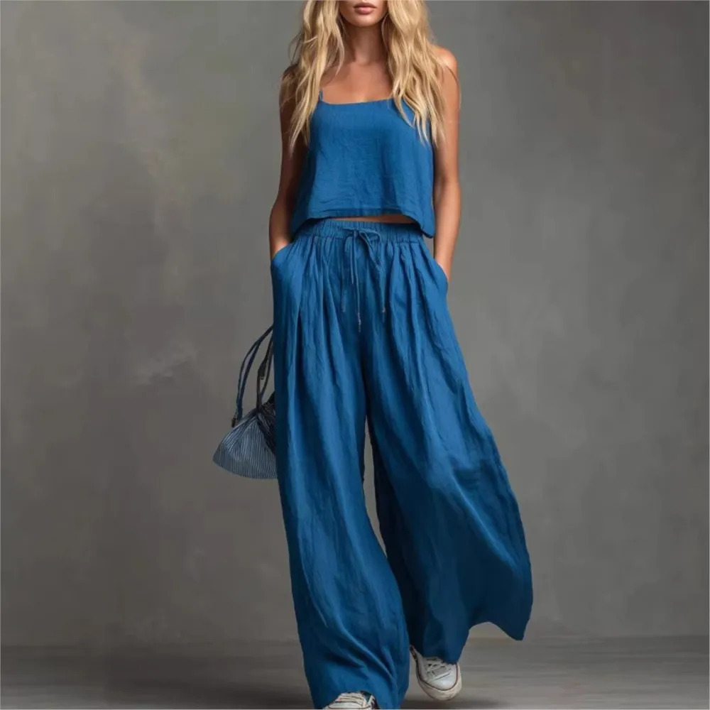 Women's Solid Sleeveless Cami Top and Wide-Leg Pants Set